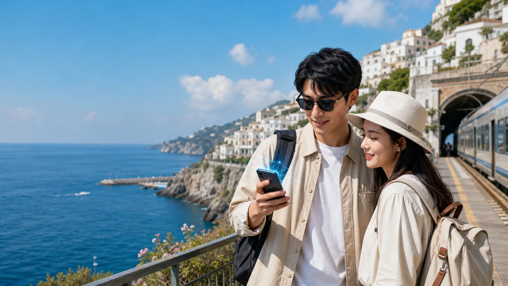 旅客在海岸鐵道旅途中使用手機保持連線